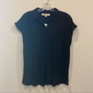 LOFT Black Knit Button Down Short Sleeve Top